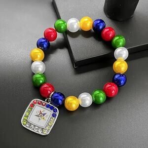 OES Eastern Star Bracelet Multicolor Pearls with Rhinestone Logo Charm
